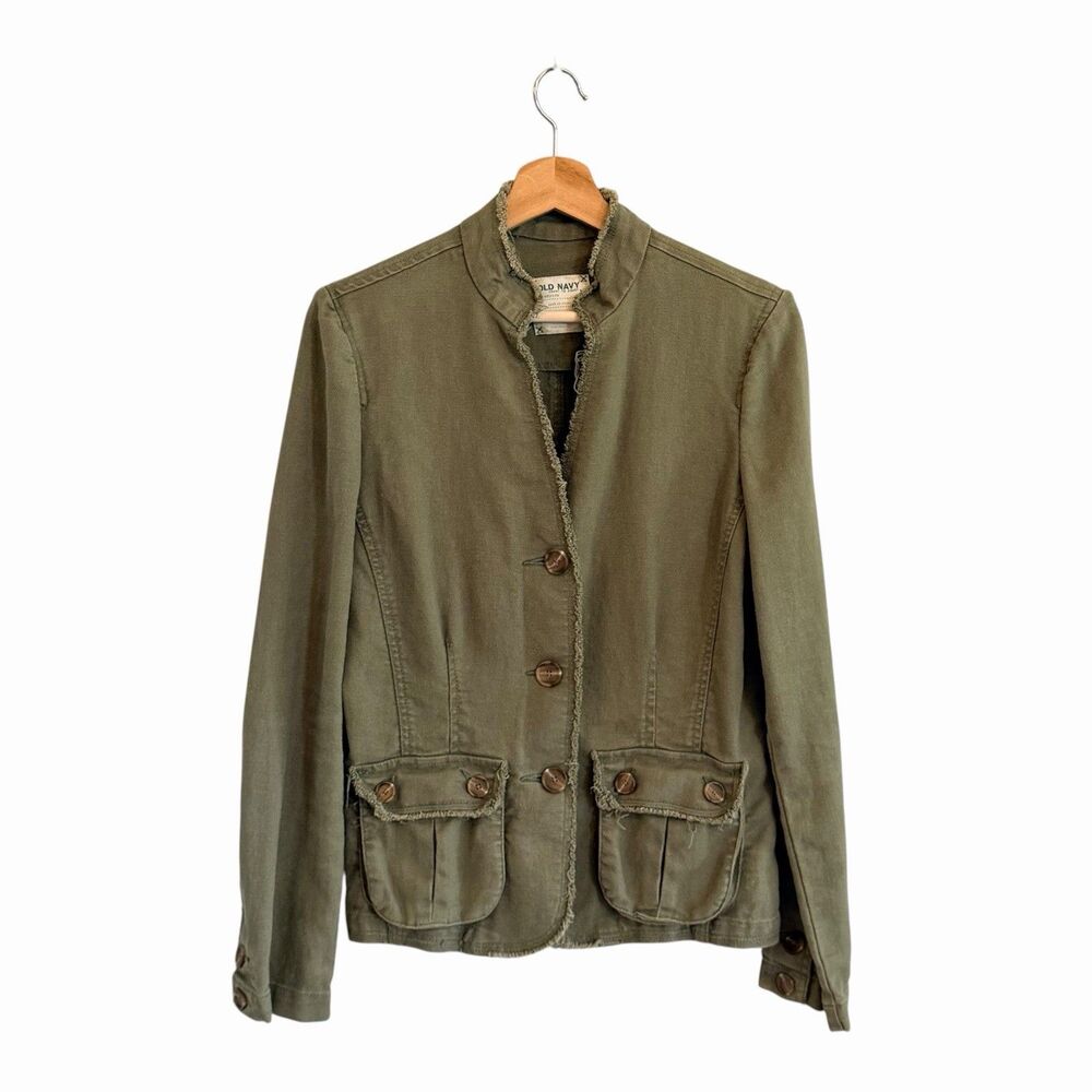Vintage Y2K Old Navy Military Grunge Linen Blend Jacket Sz M Utility Army Green